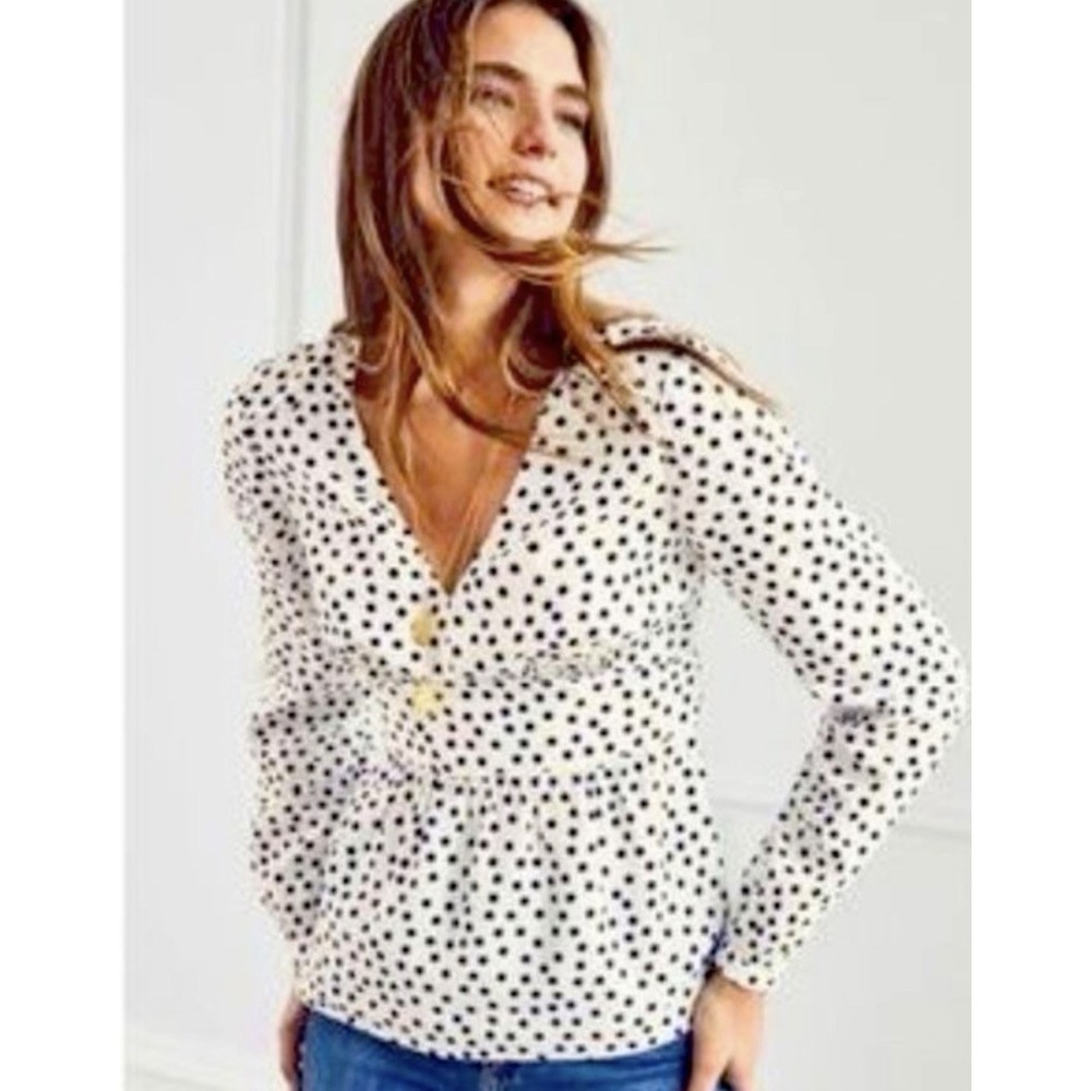 Boden White Polka Dot V-Neck Peplum Blouse